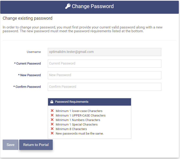 Change Password page