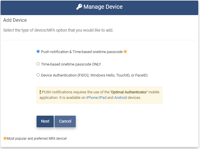 MFA Add Device Page